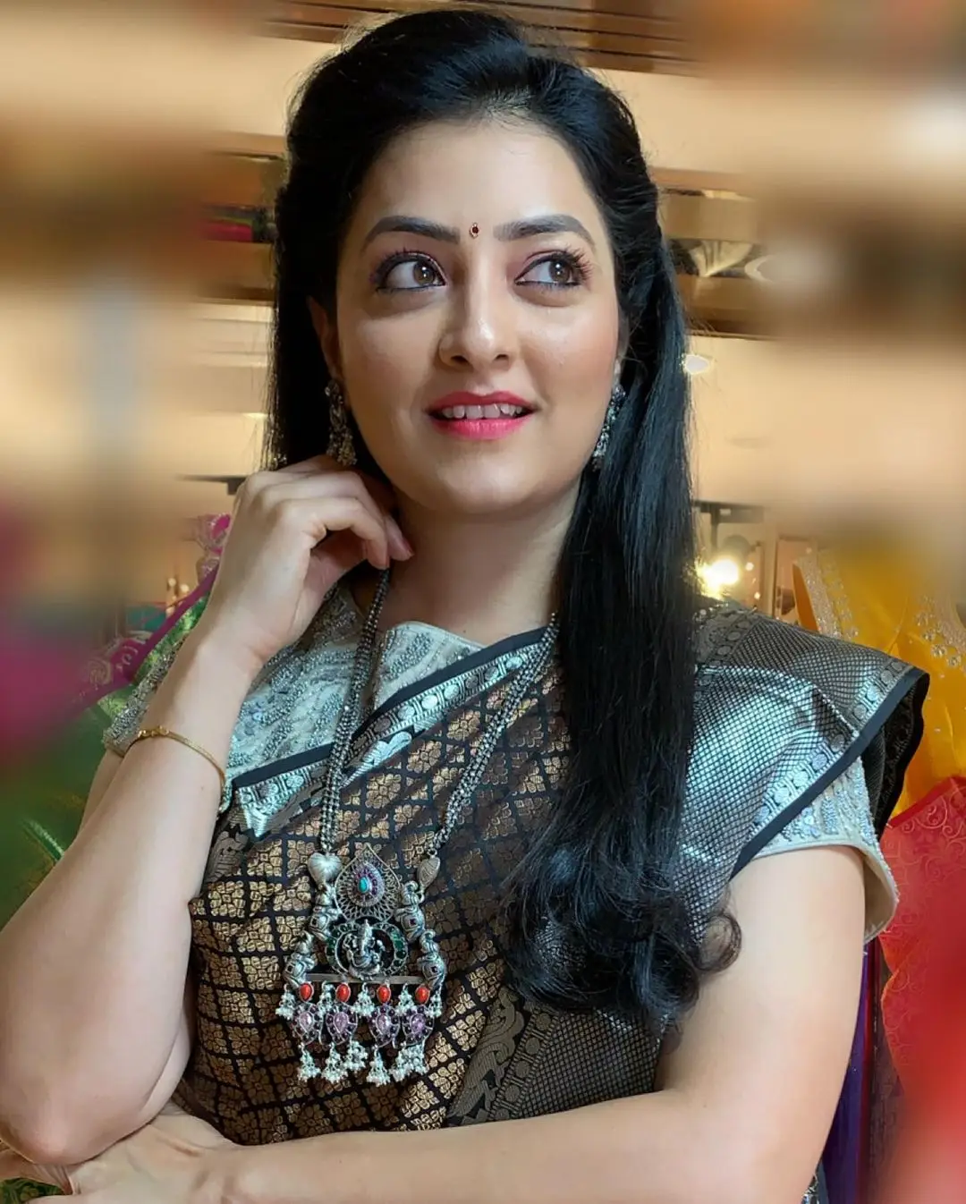 ETV Abhiruchi Madhuri Kandavalli In Black Pattu Saree Blue Blouse